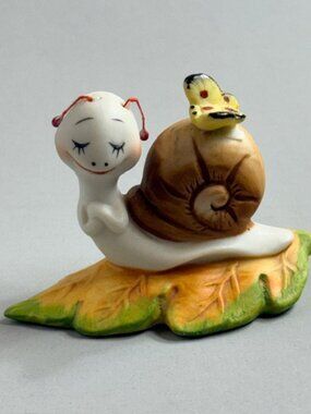 Vintage Snail Figurine Homco Home Interior Anthropomorphic Porcelain Butterfly